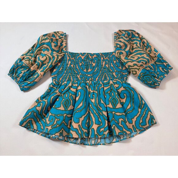 Anna Cate Ava Top Smocked Puff Sleeve Turquoise & Peach Abstract small (GG70) - Picture 3 of 11